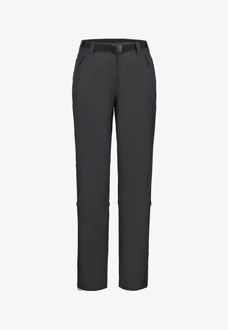 Zwarte outdoor broek met een tapered fit, gemaakt van duurzaam materiaal. Voorzien van een ritszak, een verstelbare tailleband en gestikte accenten.