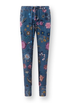 Blaue Jogginghosen mit floralem Muster, elastischem Bund, Kordelzug und schmal zulaufenden Bündchen, verziert mit pinkem, gelbem und grünem Stickerei.