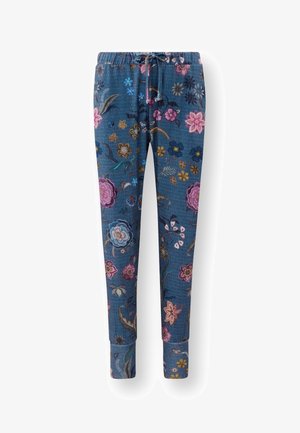Blauwe joggingbroek met bloemenpatroon, voorzien van een elastische tailleband, een trekkoord en taps toelopende manchetten, met roze, gele en groene borduursels.