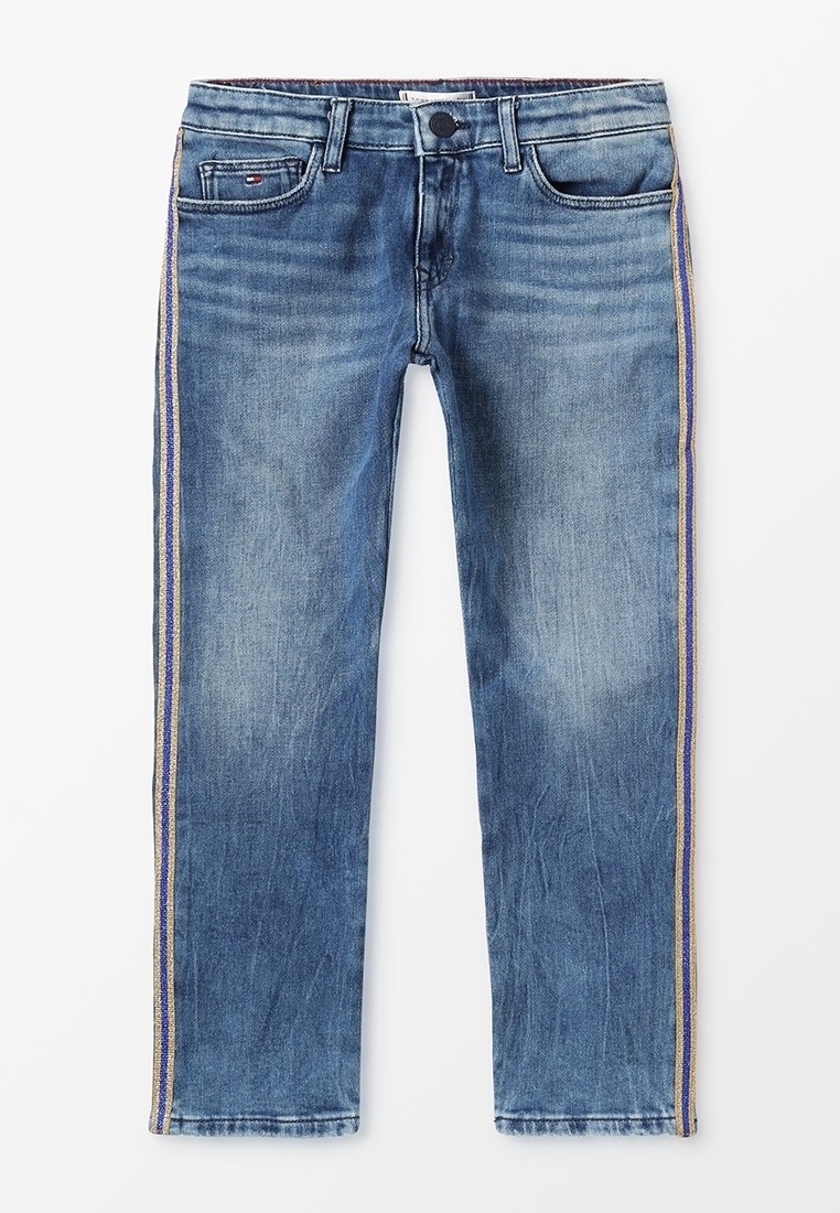 Vaqueros de mezclilla azul claro con corte recto, que presentan franjas laterales multicolores contrastantes y un diseño de cinco bolsillos.