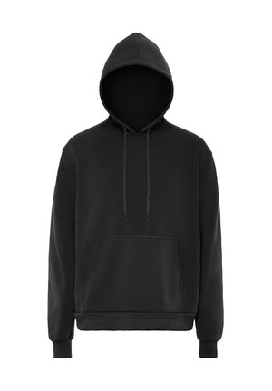 Schwarzer Kapuzenpullover mit Fronttasche und Kordeln, abgebildet auf schlichtem weißem Hintergrund.