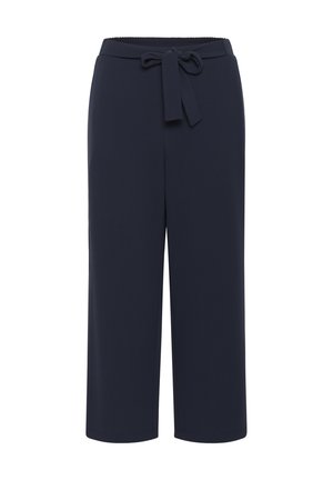 Pantalon bleu marine à jambes larges avec taille élastique et ceinture en tissu nouée en nœud à l'avant.