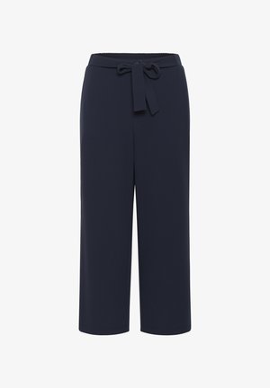 Pantalon bleu marine à jambes larges avec taille élastique et ceinture en tissu nouée en nœud à l'avant.
