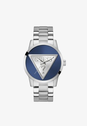 Montre en acier inoxydable avec un cadran bleu, présentant un logo en argent en forme de triangle et un point d'interrogation, un bracelet articulé et des aiguilles argentées simples.
