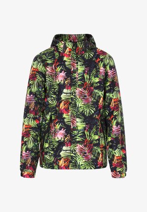 Farverig lynlåsjakke med et levende tropisk bladmønster i grøn, pink og sort. Den har hætte, elastiske manchetter og en justerbar kant.