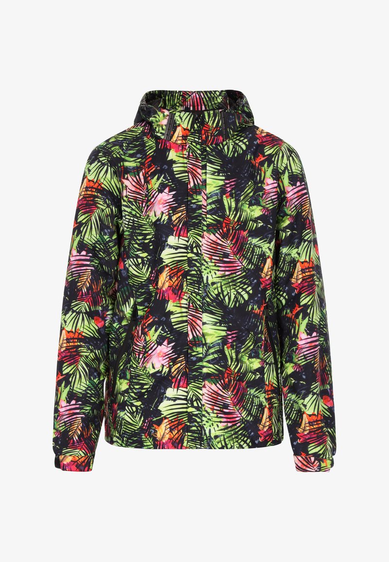 Farverig lynlåsjakke med et levende tropisk bladmønster i grøn, pink og sort. Den har hætte, elastiske manchetter og en justerbar kant.