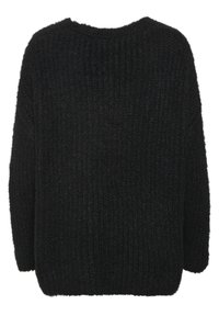 Maglione nero oversize lavorato a maglia con un design texturizzato a costine e un ampio collo rotondo, con una finitura morbida e pelosa sulla stoffa.