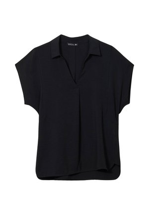 Blouse noire à manches courtes avec un col en V, présentant une silhouette décontractée et une légère texture. Design simple sans embellissements visibles.
