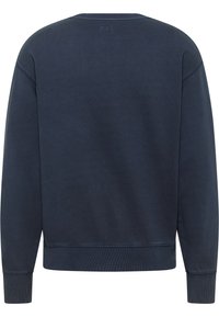 Sweat-shirt bleu marine avec poignets et ourlet côtelés, col ras du cou, texture douce et marque discrète au dos.