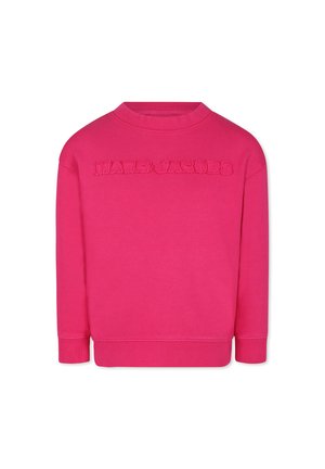 Sweatshirt fuchsia à manches longues et col côtelé. Présente des détails de logo texturé sur la poitrine. Fabriqué en tissu doux.