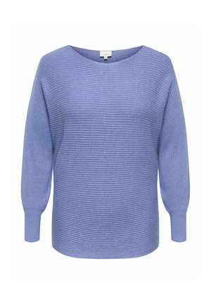 Modrý žebrovaný pletený svetr s volným střihem, širokým výstřihem a dlouhými mírně nabranými rukávy. Texturovaný materiál dodává hloubku.