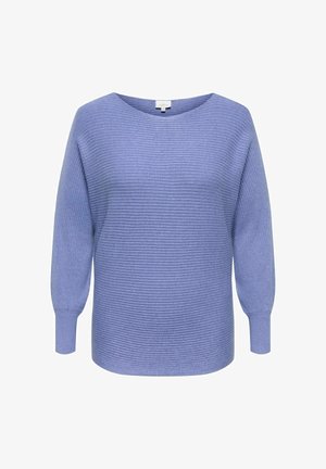 Plavi džemper rebrastog tkanja, opuštenog kroja, širokog izreza i dugi, blago napuhani rukavi. Teksturirani materijal dodaje dubinu.