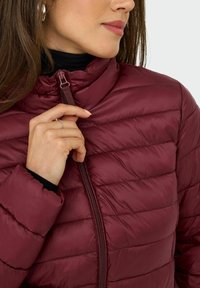 Giacca imbottita bordeaux con cuciture orizzontali, colletto alto e zip frontale. Texture morbida e lucida con un design elegante.