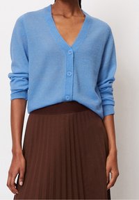 Helles blauer V-Ausschnitt-Cardigan aus weichem Material, ausgestattet mit drei Knöpfen und langen Ärmeln, kombiniert mit einem braunen plissierten Rock.