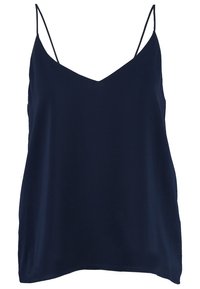 Caraco sans manches bleu marine avec fines bretelles spaghetti et encolure en V.