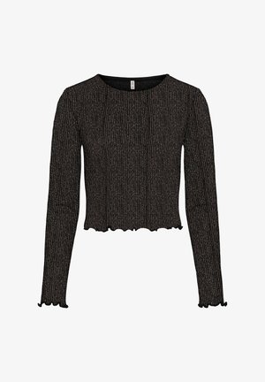 Svart langermet ribbet cropped topp med subtile metalliske vertikale striper og falmede kanter ved mansjetter og nederkant.