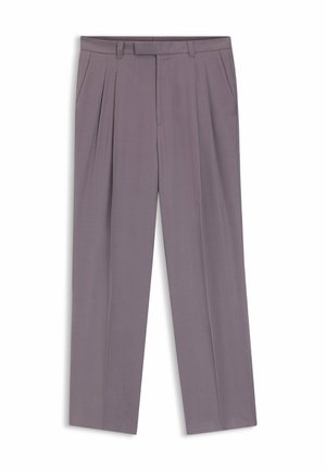 Pantaloni da uomo grigi plissettati con passanti per cintura e tasche laterali, mostrati stesi su uno sfondo bianco.