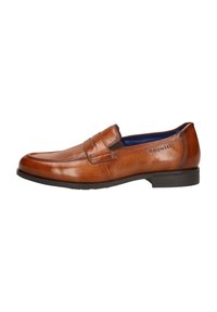Brauner Lederloafer mit glatter Oberfläche, der ein gesticktes Akzentband über die Vorderseite und einen niedrigen schwarzen Gummihacken aufweist.
