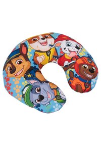 Cuscino per il collo a forma di U, con cani dei cartoni animati colorati su uno sfondo blu con pois. Realizzato in tessuto morbido con una trama soffice.