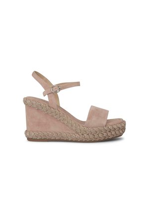 Wedge sandals with a light pink suede upper, open toe, and ankle strap. Features a braided gold and beige platform base for added texture.