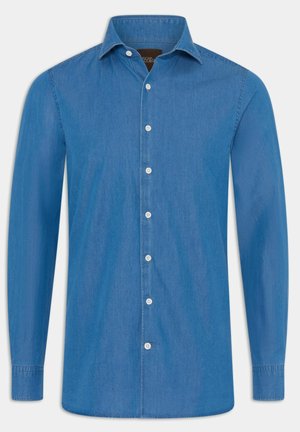 Blå langærmet skjorte lavet af bomuld med en knap-ned krave, med en frontplacket og hvide knapper, glat tekstur.