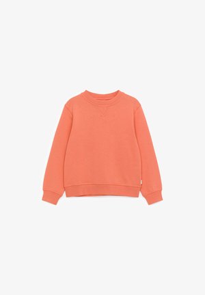 Coral orange crewneck sweatshirt with long sleeves, ribbed cuffs, and waistband, laid flat on a white background.