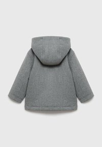 Gray, hooded coat made from textured fabric. Features a straight cut with long sleeves and a clean finish at the hem. No visible fastenings.