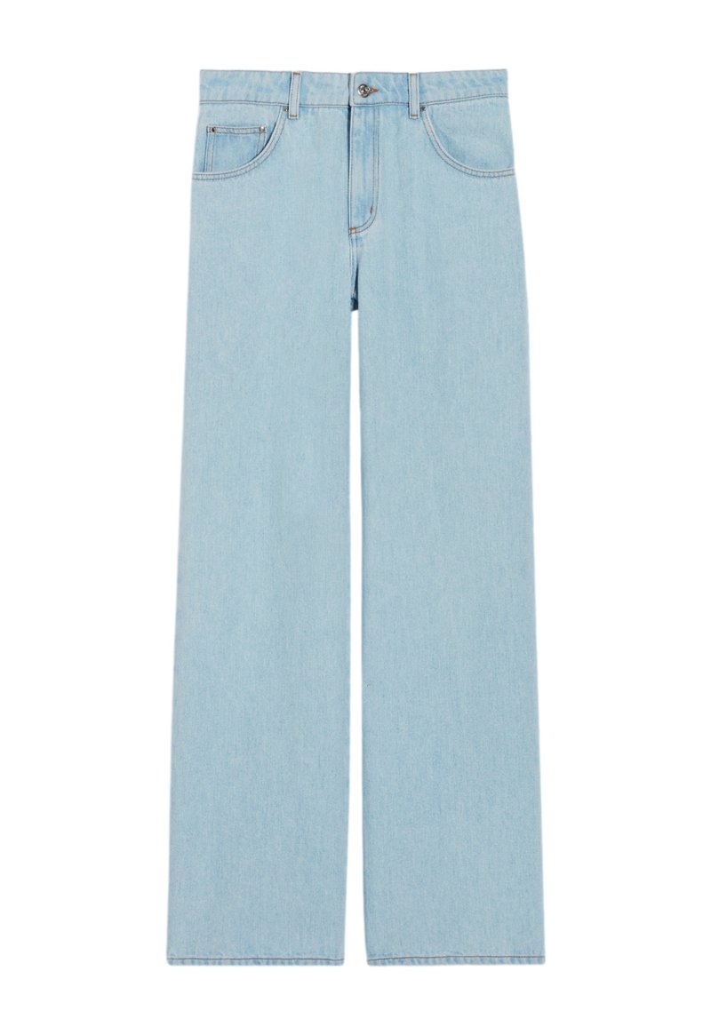 Jeans large bleu clair en denim, avec une taille haute, des poches avant et un délavage subtil, dotés d'une silhouette droite.