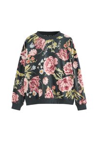Květinová mikina s tmavým pozadím a velkými růžovými a bílými květy, kulatým výstřihem, dlouhými rukávy a žebrovanými manžetami.