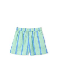 Pantalones cortos a rayas verdes y azules hechos de tela ligera. Cintura elástica con un corte relajado y dobladillo que termina por encima del muslo.