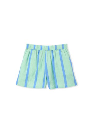 Pantaloni corti a strisce verdi e blu realizzati in tessuto leggero. Vita elastica con vestibilità rilassata e orlo che termina sopra la metà della coscia.
