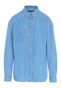 Jasnoniebieska koszula dżinsowa z guzikami z przodu, spiczastym kołnierzykiem, długimi rękawami i kieszenią na piersi. Gładka tekstura z lekko postarzanym wykończeniem.