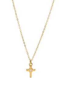 Złoty naszyjnik metalowy z cienkim łańcuchem i małym zawieszką w kształcie krzyża, z centralnym przezroczystym kamieniem szlachetnym. Elegancki design z wypolerowanym wykończeniem.