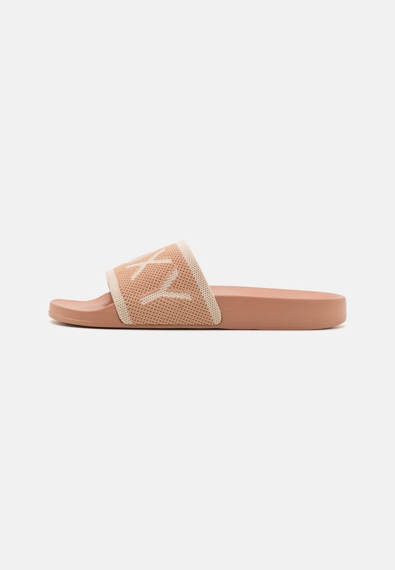 Slide sandal with a peach-colored rubber sole and a breathable mesh strap featuring a light beige trim. Notable logo detail on strap.