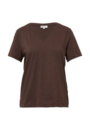 T-shirt marrone a maniche corte con scollatura a V, realizzato in un tessuto leggermente texturizzato e con vestibilità comoda.