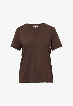 Pruun, lühikeste varrukatega T-särk V-kaelusega, millel on kerge tekstuuriga kangas ja mugav lõige.
