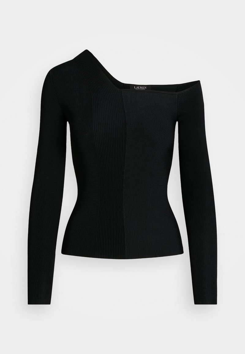 Haut noir à manches longues en maille côtelée avec encolure asymétrique décolleté épaule et taille cintrée.