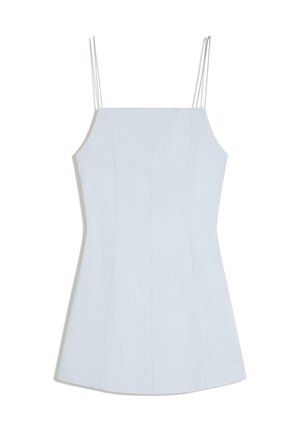 Vaaleansininen hihaton minimekko, jossa ohuet kaksinkertaiset spagettihihnat ja lievä kavennus vyötäröllä valkoisella taustalla.