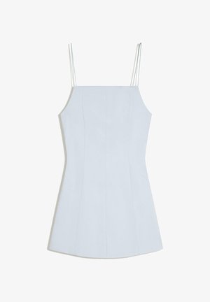 Vaaleansininen hihaton minimekko, jossa ohuet kaksinkertaiset spagettihihnat ja lievä kavennus vyötäröllä valkoisella taustalla.