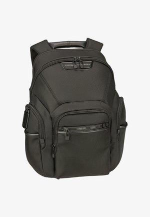 Zaino Porsche Design nero con multiple tasche con zip, spallacci imbottiti e maniglia superiore per il trasporto.