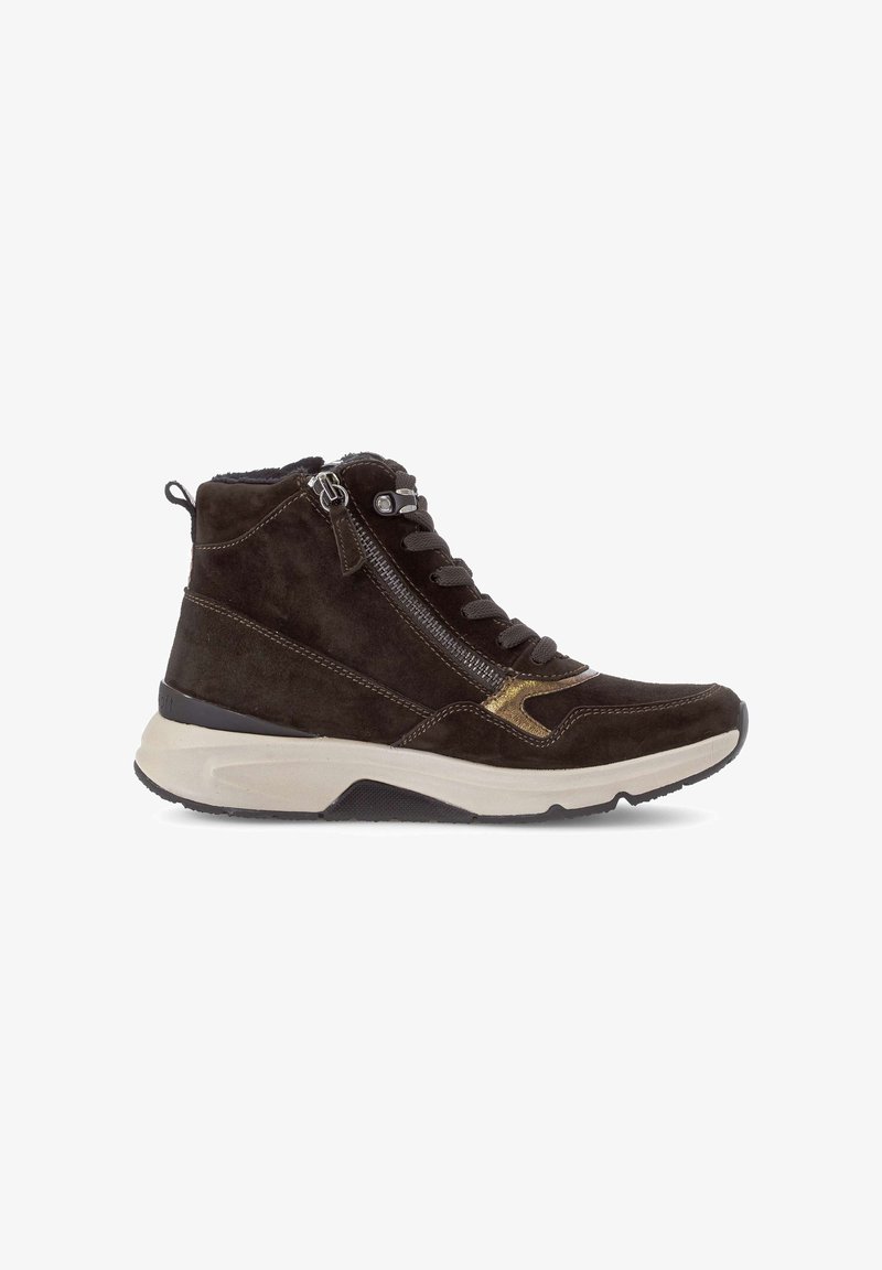 Brown suede high-top sneakers with black accents, lace-up and zip closure, featuring a textured design and a thick white sole.
