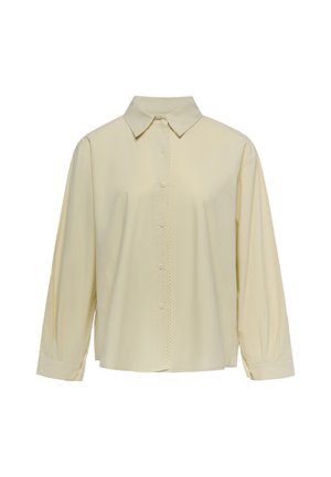 Blusa crema a maniche lunghe con colletto appuntito e bottoni sul davanti, con maniche leggermente gonfie e polsini con bottoni.