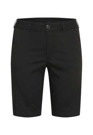 Pantalones cortos negros de tela suave, con cierre de botón, parte delantera plana y piernas rectas, de longitud a media muslo, sin patrones ni acentos visibles.