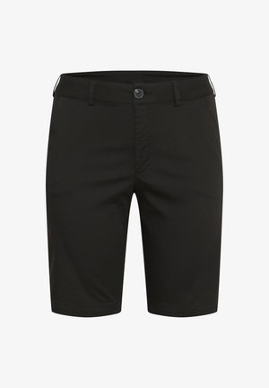 Pantaloni shorts neri in tessuto liscio, con chiusura a bottone, davanti piatto e gambe dritti, lunghezza a metà coscia, senza motivi o accenti visibili.