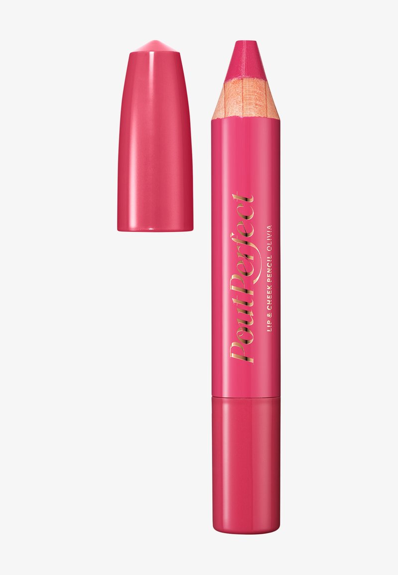 Matte rosa läpp- och kindpenna med träspets och glänsande rosa hölje. Etiketten visar "Pout Perfect" i gyllene bokstäver. Lock ingår.