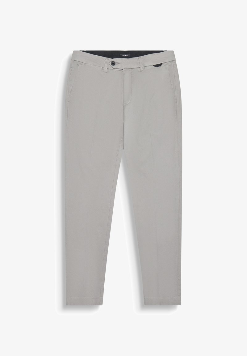 Chinos gris clair à coupe ajustée, fabriqués en tissu texturé. Ils disposent de poches avant et d'une fermeture à bouton unique à la taille.