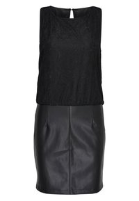 Černé šaty s krajkovou vrchní vrstvou a texturovaným vzorem, s upnutou koženou sukní. Bezrukávový design s klíčovou zády.