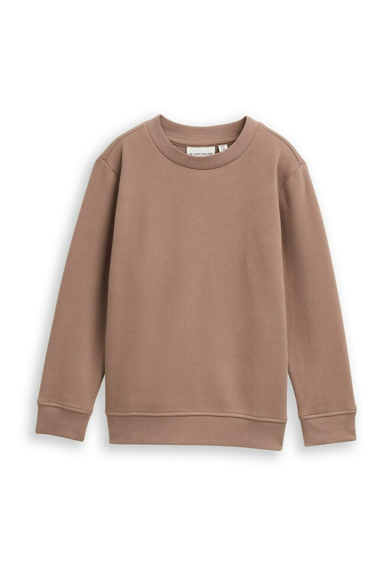 Bruine katoenen sweatshirt met een ronde halslijn, geribde boorden en onderrand. Lichtgewicht stof en eenvoudig ontwerp, geschikt voor casual draag.