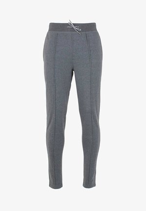 Pantalon de survêtement gris foncé, coupe ajustée, avec coutures avant et taille à cordon, conçu pour un usage décontracté.