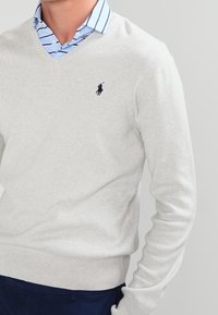 Pull à col en V gris clair en maille douce, avec un petit logo bleu marine sur la poitrine et un col de chemise rayé bleu et blanc en dessous.